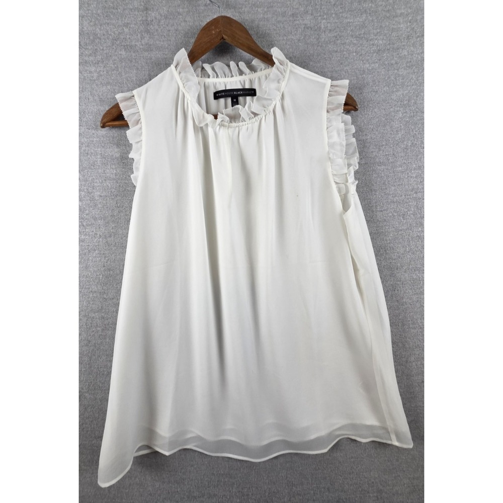 White House Black Market M Ruffle Netting Gauze Sleeveless Tank Blouse White